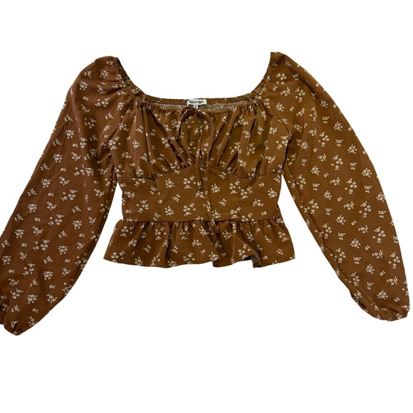 House of Thread Tops - House of Thread Brown Floral Peplum Long Sleeve Smocked Back Small 336A4